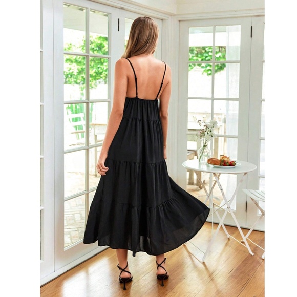 Plunging V Neck Black Maxi Dress Loose Fitting Flared Cami Straps - Picture 4 of 16